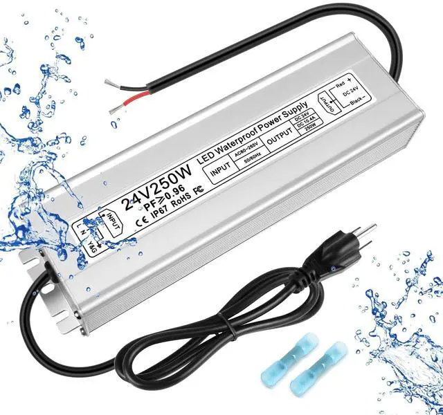 Main image of LED Driver 250W 24V Power Supply, IP67 Waterproof Low Voltage Transformer, AC 80-265V to DC 24V 10.4A Converter with 3-Prong Plug 3.3 Feet Cable for Outdoor LED Lights, Industrial, Computer