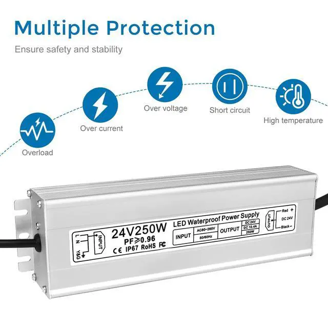 Alt view image 2 of 7 - LED Driver 250W 24V Power Supply, IP67 Waterproof Low Voltage Transformer, AC 80-265V to DC 24V 10.4A Converter with 3-Prong Plug 3.3 Feet Cable for Outdoor LED Lights, Industrial, Computer