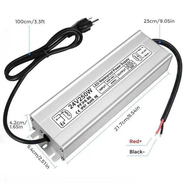 Alt view image 3 of 7 - LED Driver 250W 24V Power Supply, IP67 Waterproof Low Voltage Transformer, AC 80-265V to DC 24V 10.4A Converter with 3-Prong Plug 3.3 Feet Cable for Outdoor LED Lights, Industrial, Computer