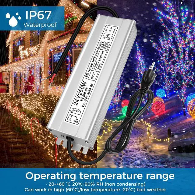 Alt view image 5 of 7 - LED Driver 250W 24V Power Supply, IP67 Waterproof Low Voltage Transformer, AC 80-265V to DC 24V 10.4A Converter with 3-Prong Plug 3.3 Feet Cable for Outdoor LED Lights, Industrial, Computer