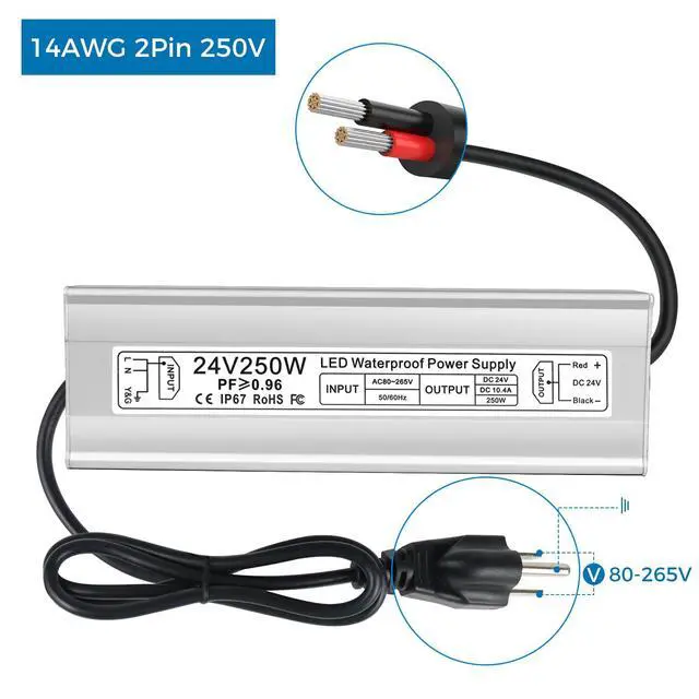 Alt view image 4 of 7 - LED Driver 250W 24V Power Supply, IP67 Waterproof Low Voltage Transformer, AC 80-265V to DC 24V 10.4A Converter with 3-Prong Plug 3.3 Feet Cable for Outdoor LED Lights, Industrial, Computer