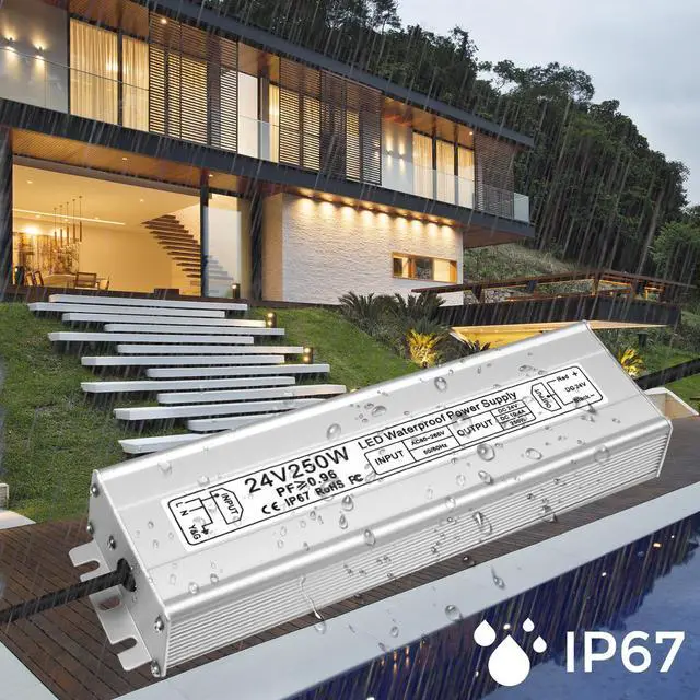 Alt view image 6 of 7 - LED Driver 250W 24V Power Supply, IP67 Waterproof Low Voltage Transformer, AC 80-265V to DC 24V 10.4A Converter with 3-Prong Plug 3.3 Feet Cable for Outdoor LED Lights, Industrial, Computer