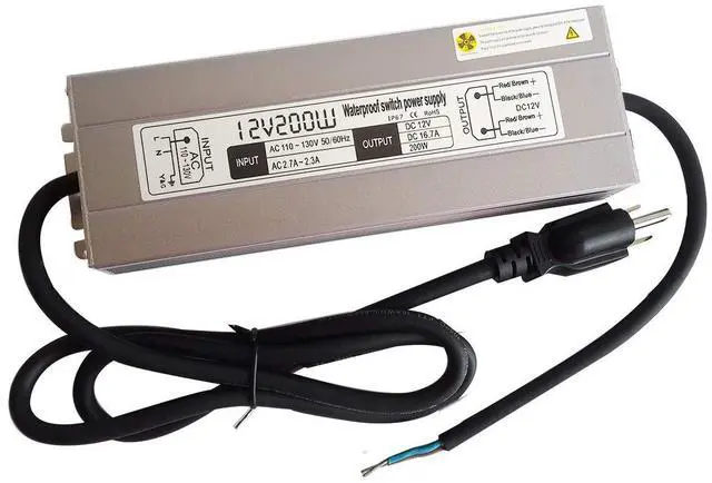 Main image of 200w Waterproof Power Supply Transformer,110-130v AC to 12v DC Output 16.7a Power Supply Adapter with 3 feet Cable for Outdoor Use