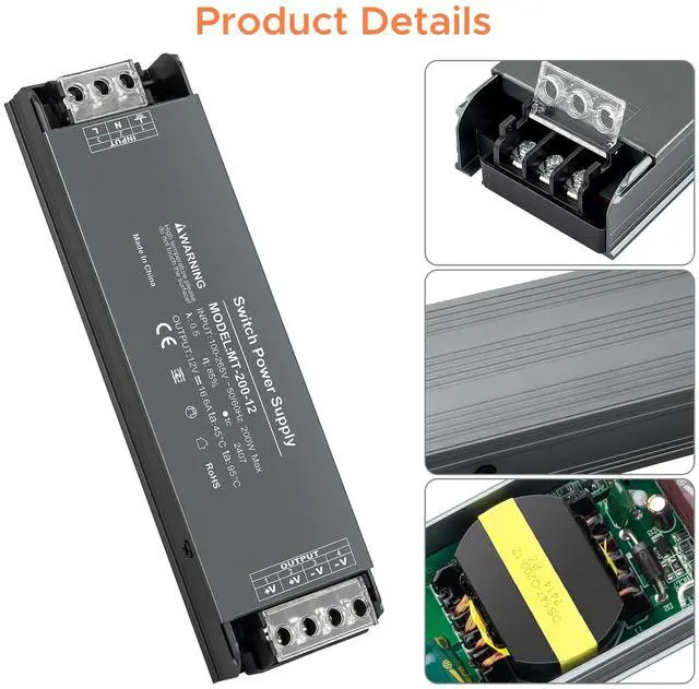Alt view image 2 of 7 - 12V 200W LED Driver, LED Power Supply 16.6A, Transformer AC 120V to DC 12V, for Home Lighting, LED Lamps