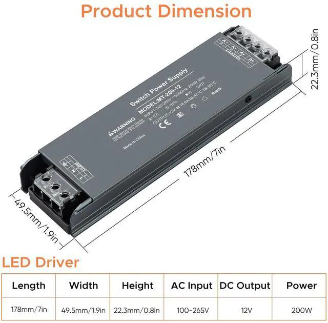 Alt view image 5 of 7 - 12V 200W LED Driver, LED Power Supply 16.6A, Transformer AC 120V to DC 12V, for Home Lighting, LED Lamps