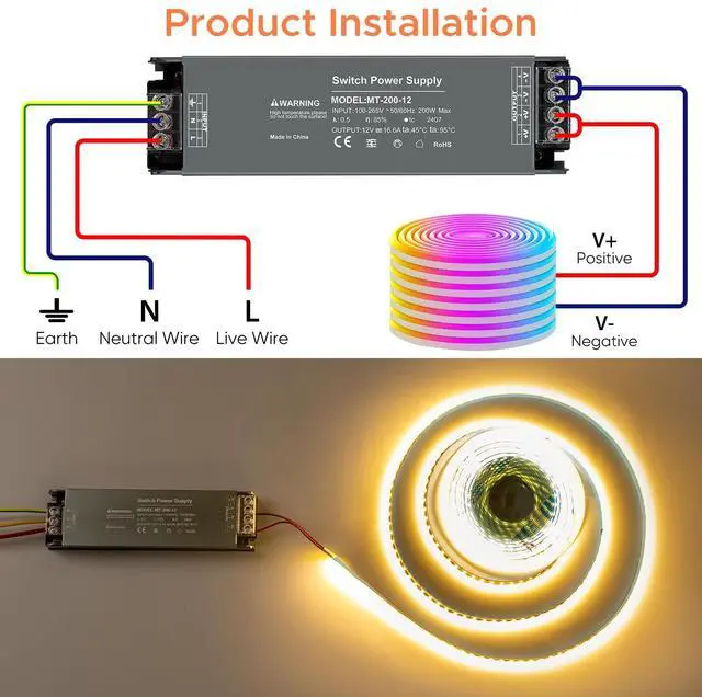 Alt view image 7 of 7 - 12V 200W LED Driver, LED Power Supply 16.6A, Transformer AC 120V to DC 12V, for Home Lighting, LED Lamps