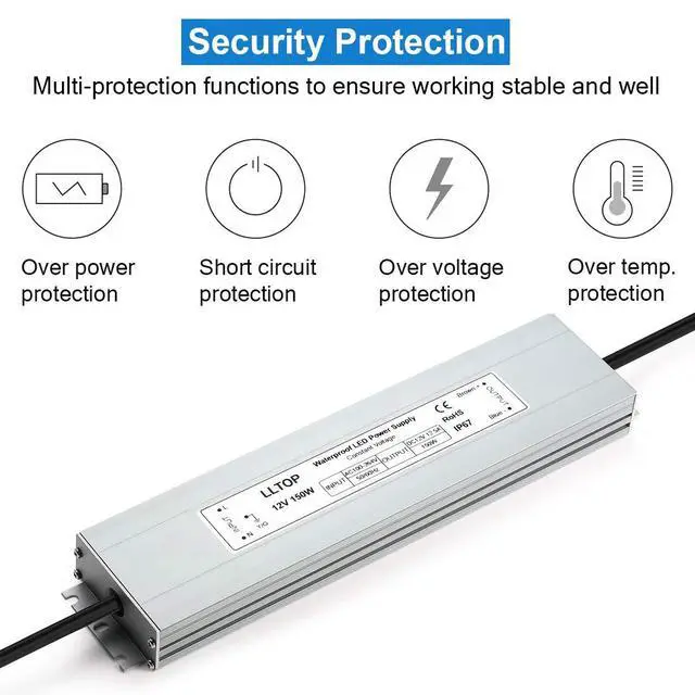 Alt view image 2 of 7 - LED Power Supply 150 Watts Waterproof IP67 LED Driver 100-264V AC to 12V DC 12.5A Low Voltage Transformer Converter Ultra Slim Power Adapter for Indoor Outdoor LED Lights