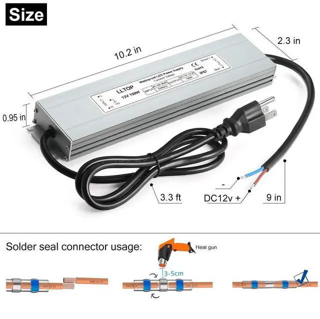 Alt view image 3 of 7 - LED Power Supply 150 Watts Waterproof IP67 LED Driver 100-264V AC to 12V DC 12.5A Low Voltage Transformer Converter Ultra Slim Power Adapter for Indoor Outdoor LED Lights