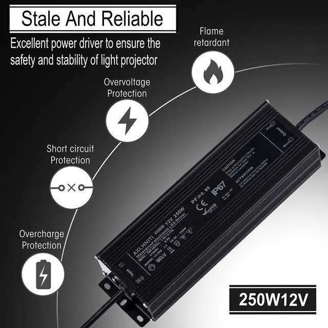 Alt view image 2 of 6 - Waterproof IP67 LED Transformer - 250W 12V, 110V AC to 12V DC Low Voltage Output with 3-Prong Plug, 3.3 Feet Cable for LED Light, Computer Project, Outdoor Light