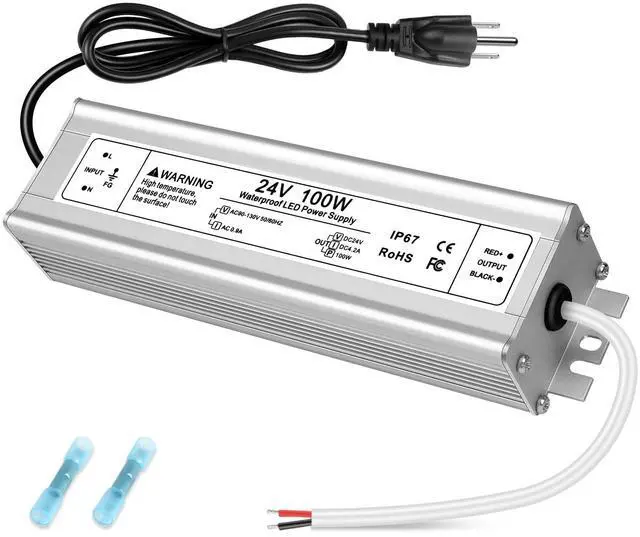 Main image of 24V 100W LED Power Supply, IP67 Waterproof LED Driver, AC 110V to DC 24 Volt 4.2A Low Voltage Transformer Converter for Outdoor LED Strip & Landscape Lighting, 3-Prong Plug with 3.3FT Cable