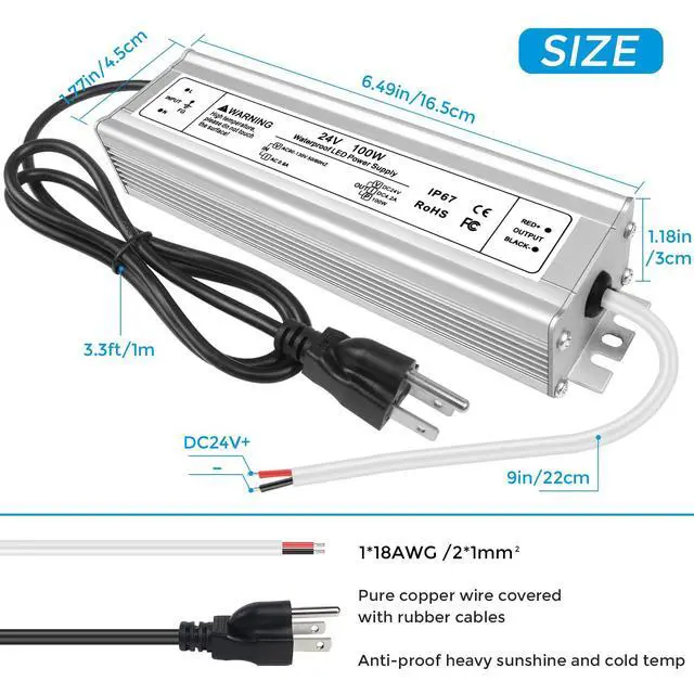 Alt view image 3 of 7 - 24V 100W LED Power Supply, IP67 Waterproof LED Driver, AC 110V to DC 24 Volt 4.2A Low Voltage Transformer Converter for Outdoor LED Strip & Landscape Lighting, 3-Prong Plug with 3.3FT Cable