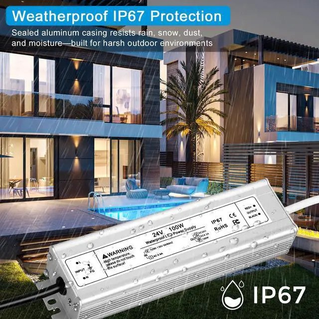 Alt view image 6 of 7 - 24V 100W LED Power Supply, IP67 Waterproof LED Driver, AC 110V to DC 24 Volt 4.2A Low Voltage Transformer Converter for Outdoor LED Strip & Landscape Lighting, 3-Prong Plug with 3.3FT Cable