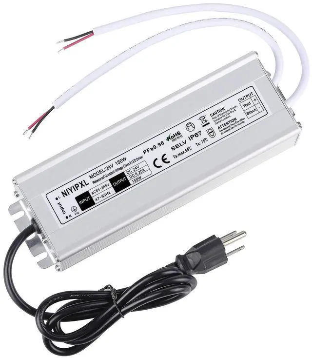 Main image of LED Driver 150 Watts 24V DC Low Voltage Transformer Waterproof IP67 LED Power Supply, Adapter with 3-Prong Plug 3.3 Feet Cable for Any 24V DC led Lights, Computer Project, Outdoor Light