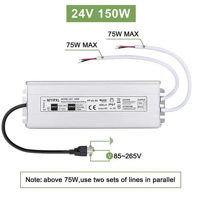 Alt view image 6 of 6 - LED Driver 150 Watts 24V DC Low Voltage Transformer Waterproof IP67 LED Power Supply, Adapter with 3-Prong Plug 3.3 Feet Cable for Any 24V DC led Lights, Computer Project, Outdoor Light