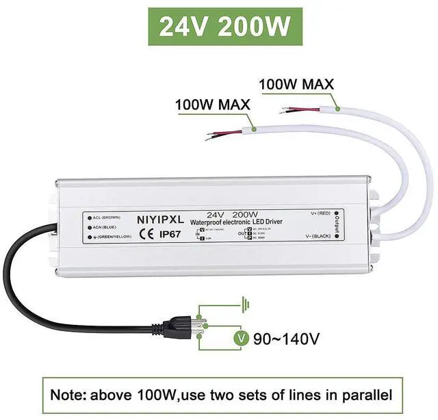 Alt view image 6 of 6 - LED Driver 200 Watts 24V DC Low Voltage Transformer Waterproof IP67 LED Power Supply, Adapter with 3-Prong Plug 3.3 Feet Cable for Any 24V DC led Lights, Computer Project, Outdoor Light
