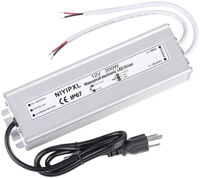 Main image of LED Driver 200 Watts Waterproof IP67 Power Supply Transformer Adapter 90V-130V AC to 12V DC Low Voltage Output with 3-Prong Plug 3.3 Feet Cable for LED Light, Computer Project, Outdoor Light