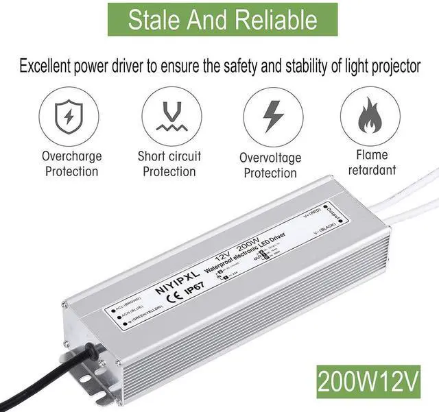 Alt view image 2 of 6 - LED Driver 200 Watts Waterproof IP67 Power Supply Transformer Adapter 90V-130V AC to 12V DC Low Voltage Output with 3-Prong Plug 3.3 Feet Cable for LED Light, Computer Project, Outdoor Light