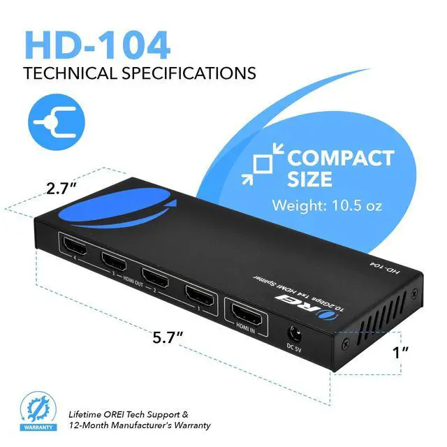Alt view image 6 of 7 - HDMI Splitter 1 in 4 Out 4K@30Hz HDMI 2.0 Splitter with HDCP 1.4, EDID Management, and LPCM/Dolby/DTS Audio SupportCompact Plug & Play Design