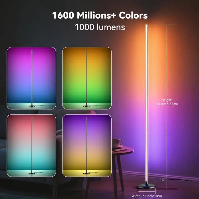 Alt view image 3 of 7 - RGB LED Corner Floor Lamp with Music Sync and 16 Million DIY Colors, Color Changing Modern Smart Standing Lamp with APP and Remote Control, Ambient Light for Bedroom, Living Room & Gaming room