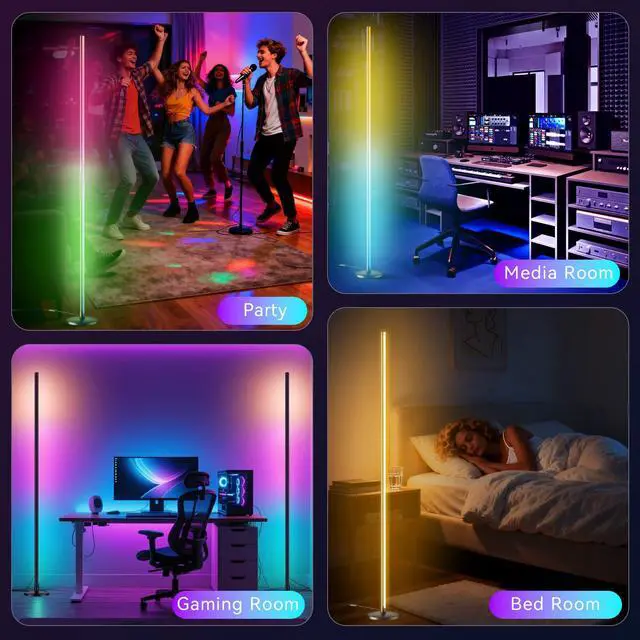 Alt view image 7 of 7 - RGB LED Corner Floor Lamp with Music Sync and 16 Million DIY Colors, Color Changing Modern Smart Standing Lamp with APP and Remote Control, Ambient Light for Bedroom, Living Room & Gaming room