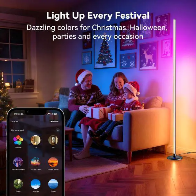 Alt view image 6 of 7 - RGB LED Corner Floor Lamp with Music Sync and 16 Million DIY Colors, Color Changing Modern Smart Standing Lamp with APP and Remote Control, Ambient Light for Bedroom, Living Room & Gaming room