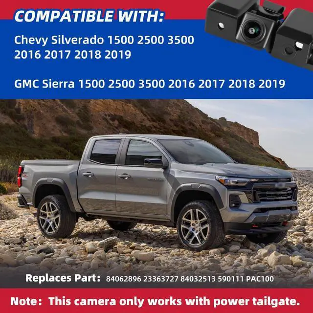Alt view image 2 of 6 - Backup Camera Compatible with 2016 2017 2018 2019 Chevy Silverado GMC Sierra 1500 2500 3500 Rear View Suitable for Power Tailgate Replace# 84062896