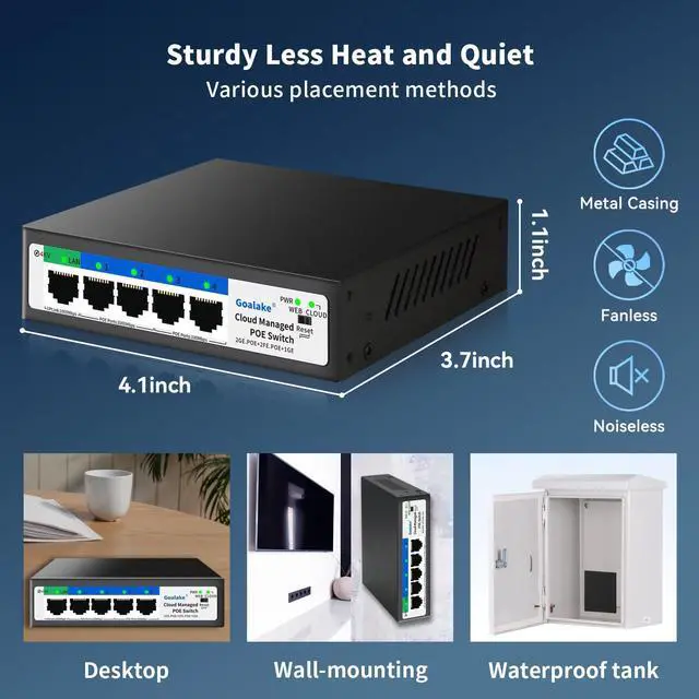 Alt view image 7 of 7 - 5-Port Ethernet PoE Switch (4 PoE Ports, 1 Uplink) with Extend Function, Easy Smart Managed Ethernet Switch, Plug & Play, Fanless Metal Design, VLAN, Qos,Desktop/Wall Mount