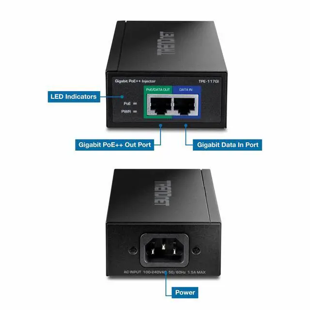 Alt view image 4 of 7 - Gigabit PoE++ Injector, TPE-117GI, NDAA Compliant, Supplies 15.4W, 30W, and 60W, Network a Device Up to 100m(328 ft), Supports IEEE 802.3af,802.at, Plug & Play, Black