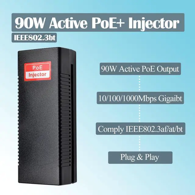 Alt view image 2 of 7 - Gigabit 90W PoE++ Injector 54-56V Adapter, 10/100/1000Base-T IEEE 802.3bt PoE Standard Active POE+, Plug and Play for Wireless Access Points/PTZ/Videophones