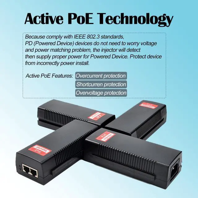 Alt view image 3 of 7 - Gigabit 90W PoE++ Injector 54-56V Adapter, 10/100/1000Base-T IEEE 802.3bt PoE Standard Active POE+, Plug and Play for Wireless Access Points/PTZ/Videophones