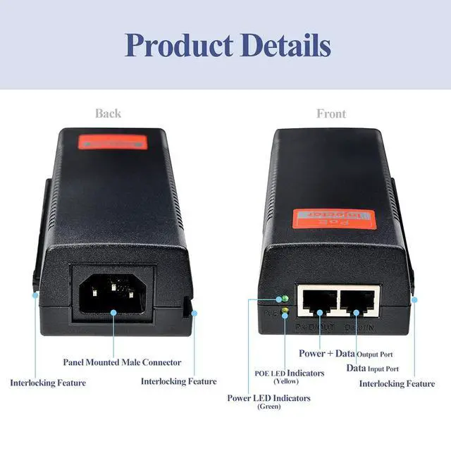 Alt view image 4 of 7 - Gigabit 90W PoE++ Injector 54-56V Adapter, 10/100/1000Base-T IEEE 802.3bt PoE Standard Active POE+, Plug and Play for Wireless Access Points/PTZ/Videophones