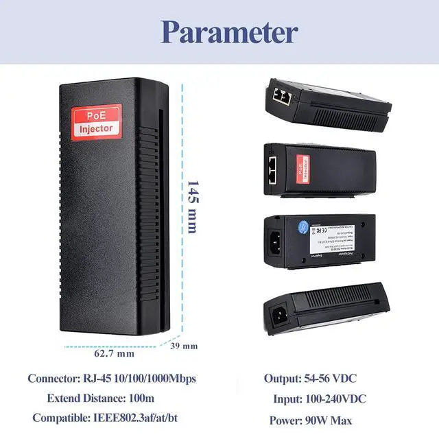 Alt view image 7 of 7 - Gigabit 90W PoE++ Injector 54-56V Adapter, 10/100/1000Base-T IEEE 802.3bt PoE Standard Active POE+, Plug and Play for Wireless Access Points/PTZ/Videophones
