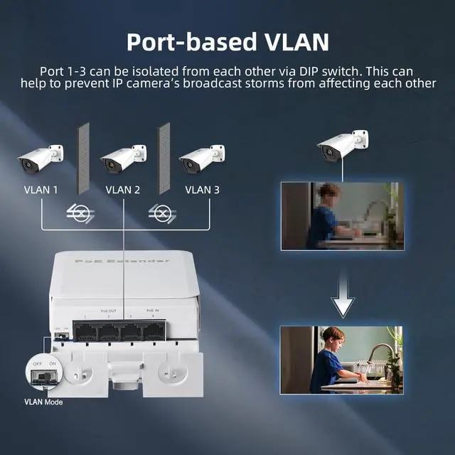 Alt view image 7 of 7 - Outdoor PoE Passthrough Switch - 1 In 3 Out Extender, IEEE802.3af/at Powered, 100Mbps Ethernet, Wall Mount Waterproof Plug and Play