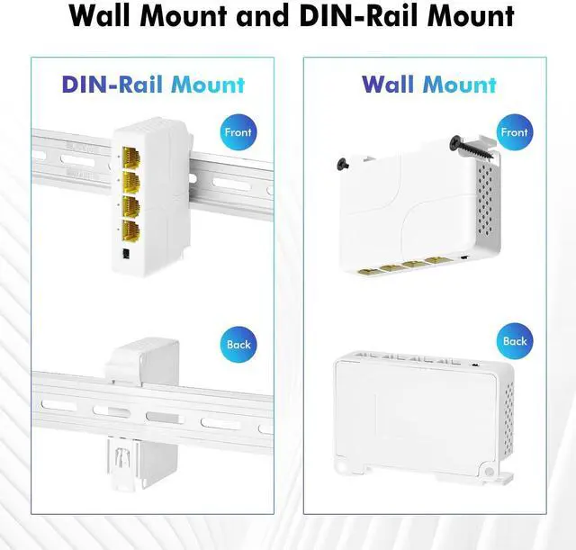 Alt view image 5 of 7 - 4 Port Gigabit PoE Extender, IEEE 802.3 af/at Repeater, 10/100/1000Mbps, 1 In 3 Out, Wall & Din Rail Mount Passthrough Switch