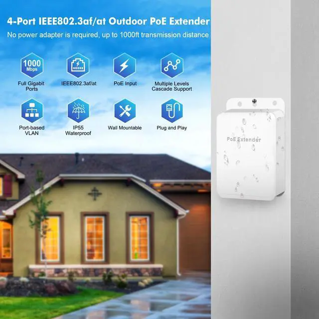 Alt view image 2 of 7 - Outdoor 4 Port Gigabit PoE Switch/Extender, IEEE 802.3 af/at PoE Repeater, 10/100/1000Mbps, 1 PoE in 3 PoE Out, Powered by PoE, Wall Mount Waterproof POE Passthrough Switch