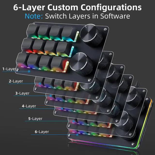Alt view image 3 of 7 - Macro Programmable Keypad, One Handed Programmable Mechanical Keyboard, RGB Blue Switch Hot Swappable, 12 Keys 2 Knob Backlit Keypad for Working and Gaming, Black