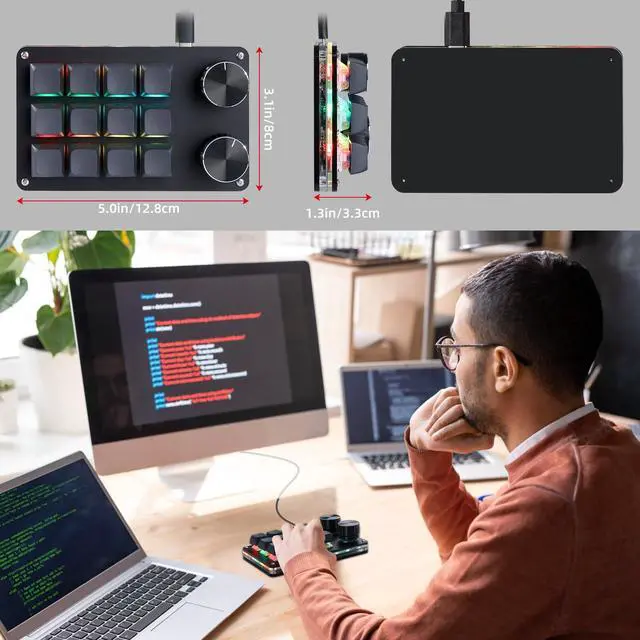 Alt view image 7 of 7 - Macro Programmable Keypad, One Handed Programmable Mechanical Keyboard, RGB Blue Switch Hot Swappable, 12 Keys 2 Knob Backlit Keypad for Working and Gaming, Black