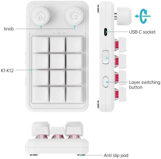 Alt view image 2 of 7 - Macro Pad Macropad Keyboard Programmable Keypad Customized 12-Key Mini Mechanical Gaming One Handed BT RGB OSU Micro Keyboard Macropad Knob Wireless Receiver&Type C 1m Cable