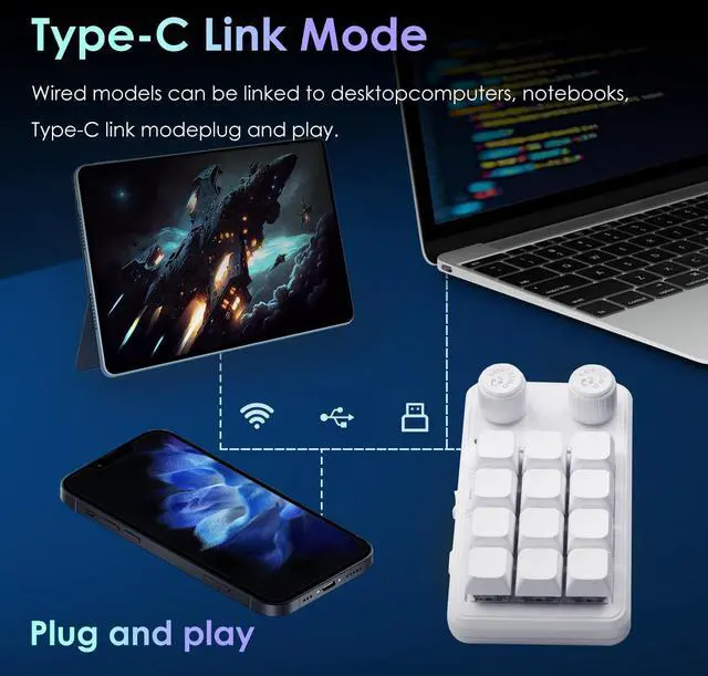 Alt view image 5 of 7 - Macro Pad Macropad Keyboard Programmable Keypad Customized 12-Key Mini Mechanical Gaming One Handed BT RGB OSU Micro Keyboard Macropad Knob Wireless Receiver&Type C 1m Cable