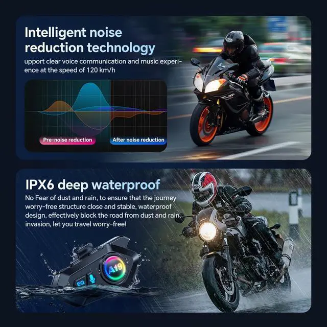 Alt view image 2 of 7 - Motorcycle Helmet Bluetooth Headset, Outdoor Wireless Bluetooth 5.4 Headphone Speakers Noise Cancellation Intercom Communication Systems with IPX6 Waterproof/Strong Bass