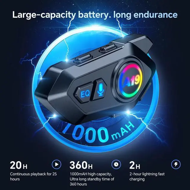 Alt view image 5 of 7 - Motorcycle Helmet Bluetooth Headset, Outdoor Wireless Bluetooth 5.4 Headphone Speakers Noise Cancellation Intercom Communication Systems with IPX6 Waterproof/Strong Bass