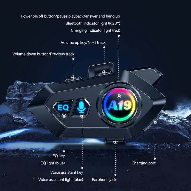 Alt view image 6 of 7 - Motorcycle Helmet Bluetooth Headset, Outdoor Wireless Bluetooth 5.4 Headphone Speakers Noise Cancellation Intercom Communication Systems with IPX6 Waterproof/Strong Bass