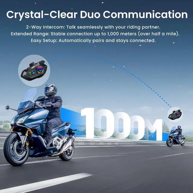 Alt view image 2 of 7 - Motorcycle Helmet Bluetooth Headset, Bluetooth 5.4 Intercom for 2 Riders up to 1000m, IPX7 Waterproof, HD Speakers for Harley, Dirt Bike, ATV, & Snowmobile Helmet Communication System