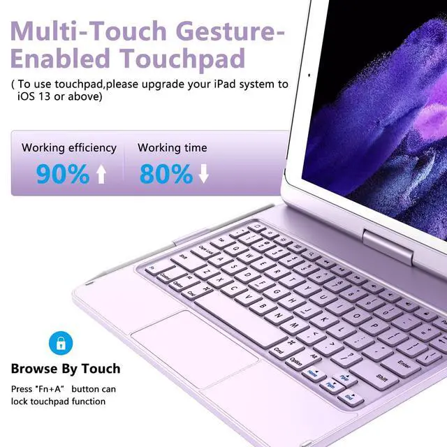 Alt view image 2 of 7 - Touch for iPad 9th Generation Case with Keyboard (10.2", 2021), Multi-Touch Trackpad, 360° Rotatable Protective Cover for iPad Keyboard 9th/8th/7th Gen with Pencil Holder (Purple)