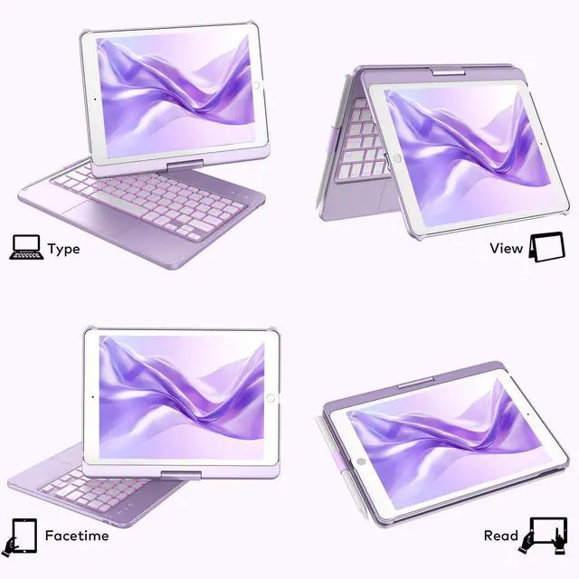 Alt view image 4 of 7 - Touchpad Keyboard Case for iPad 9th/8th/7th 10.2 inch, Backlit Trackpad Keyboard, 360°Rotatable Case with Pencil Holder for iPad 9th/8th/7th Gen (Light Purple)