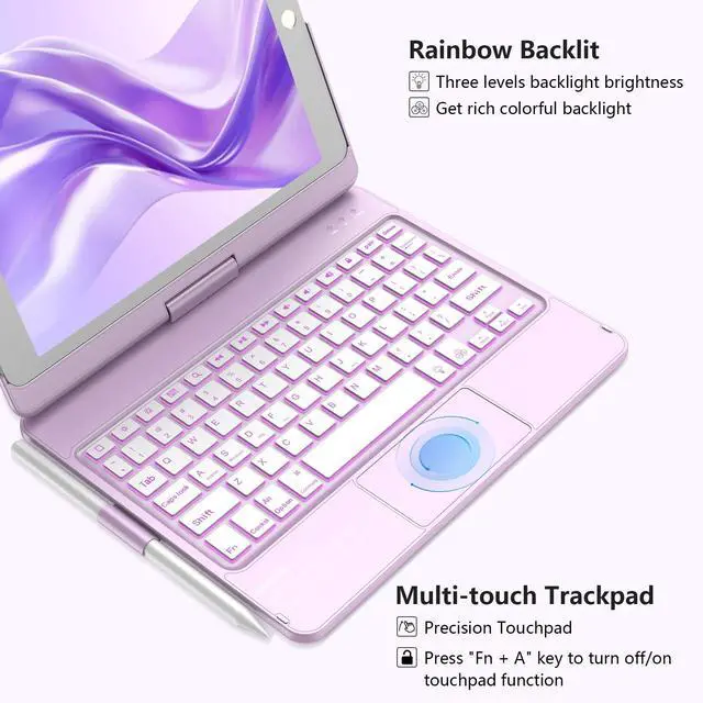 Alt view image 5 of 7 - Touchpad Keyboard Case for iPad 9th/8th/7th 10.2 inch, Backlit Trackpad Keyboard, 360°Rotatable Case with Pencil Holder for iPad 9th/8th/7th Gen (Light Purple)