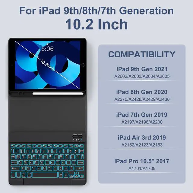 Alt view image 2 of 7 - for iPad 9th 8th 7th Generation Case with Keyboard 10.2" - 7 Color Backlit Wireless Detachable Folio Keyboard Cover with Pencil Holder, Compatible with iPad Pro 10.5/Air 3rd Gen (Dark Blue)