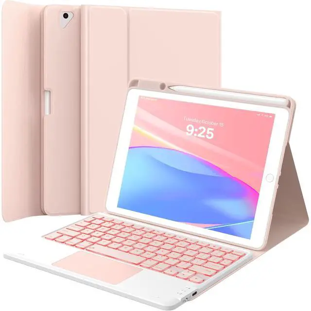 Main image of Keyboard Case for iPad 9th Generation 10.2", iPad 8th/ 7th/Air 3, Detachable Wireless Keyboard Case for Pro 10.5 inch, 7 Color Backlit, Stain-Resistant Cover, 2 BT Connection, Pink