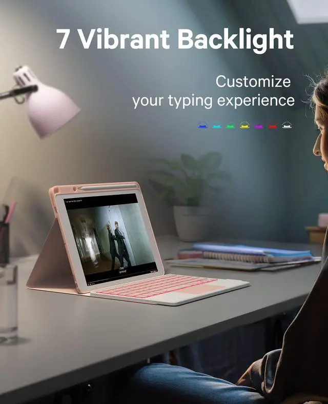 Alt view image 5 of 7 - Keyboard Case for iPad 9th Generation 10.2", iPad 8th/ 7th/Air 3, Detachable Wireless Keyboard Case for Pro 10.5 inch, 7 Color Backlit, Stain-Resistant Cover, 2 BT Connection, Pink