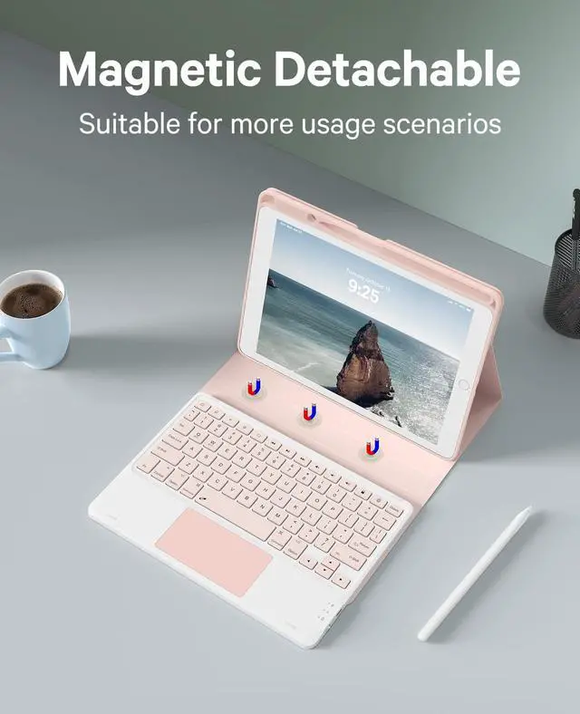 Alt view image 7 of 7 - Keyboard Case for iPad 9th Generation 10.2", iPad 8th/ 7th/Air 3, Detachable Wireless Keyboard Case for Pro 10.5 inch, 7 Color Backlit, Stain-Resistant Cover, 2 BT Connection, Pink